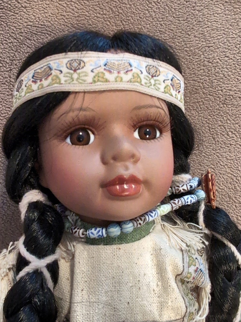 Porcelain Native-style Girl Doll with Beaded Necklace - Brown Eyes